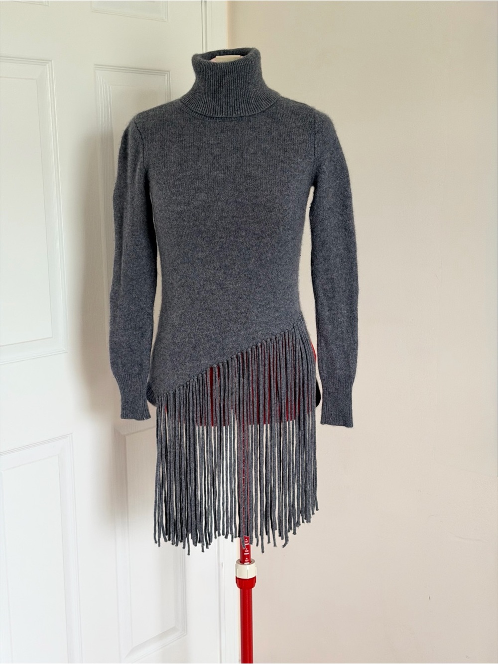 NWOT NEW Saks Fifth Avenue Cashmere Fringe Tassel Turtleneck Sweater Gray S-XS